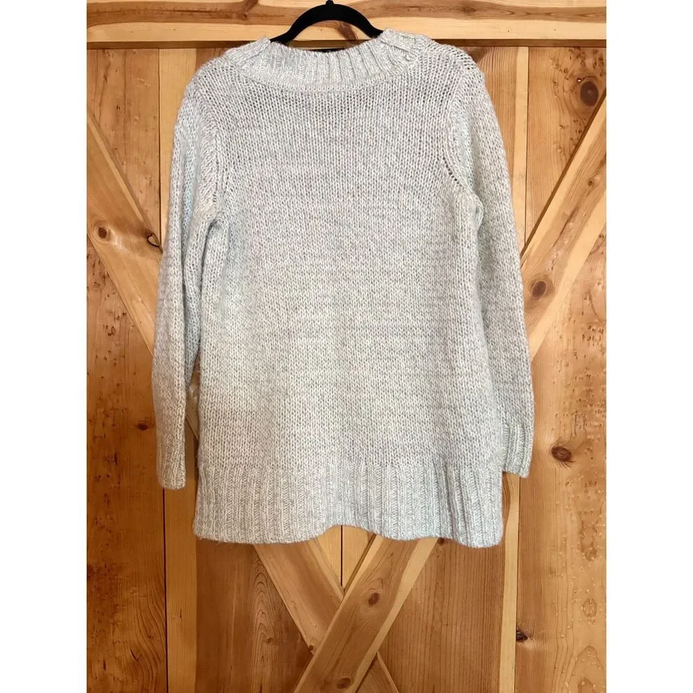 Chaps White Silver Metallic Sparkly Cable Knit V Neck Sweater Womens Large Prep
